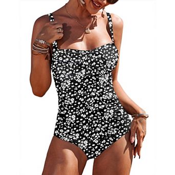 Ekouaer Women's One Piece Swimsuit Ruched Tummy Control Bathing Suits Vintage Retro Push Up Swimwear