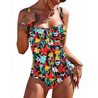 Ekouaer Women's One Piece Swimsuit Ruched Tummy Control Bathing Suits Vintage Retro Push Up Swimwear