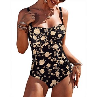 Ekouaer Women's One Piece Swimsuit Ruched Tummy Control Bathing Suits Vintage Retro Push Up Swimwear