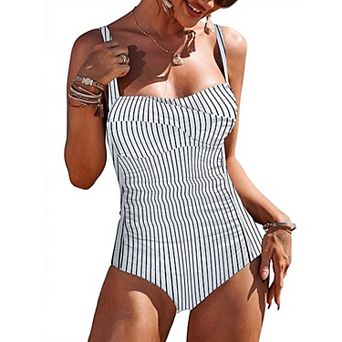 Ekouaer Women's One Piece Swimsuit Ruched Tummy Control Bathing Suits Vintage Retro Push Up Swimwear