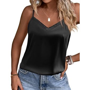Ekouaer Women's 2 Pack Lace Pajama Tank Tops V Neck Camisole Soft Spaghetti Strap Tops