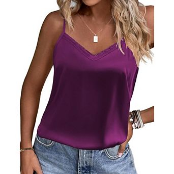 Ekouaer Women's 2 Pack Lace Pajama Tank Tops V Neck Camisole Soft Spaghetti Strap Tops