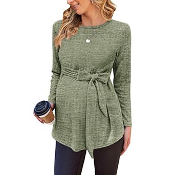 Ekouaer Womens Maternity Shirts Long Sleeve Pregnancy Tops Ribbed Knit Winter Pregnant Blouses