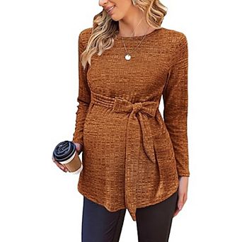 Ekouaer Womens Maternity Shirts Long Sleeve Pregnancy Tops Ribbed Knit Winter Pregnant Blouses