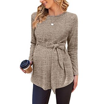 Ekouaer Womens Maternity Shirts Long Sleeve Pregnancy Tops Ribbed Knit Winter Pregnant Blouses