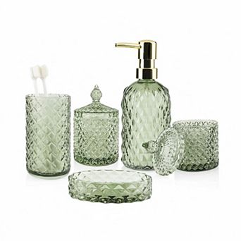 5 pc Green Vintage Glass Bathroom Accessory Set with Soap Dispenser Tumbler Qtip Holders