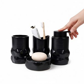 Ceramic Bathroom 4 pc Set: Soap Dispenser, Toothbrush Holder, Jar, Dish (Modern)