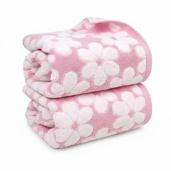 Set of 2 Pink Bath Towels Super Absorbent Floral Jacquard Cotton 27x55 Inches