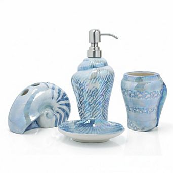 Ceramic Conch Sea Shell 4 pc Bathroom Set: Toothbrush Holder, Gargle Cup, Soap Dish, Dispenser