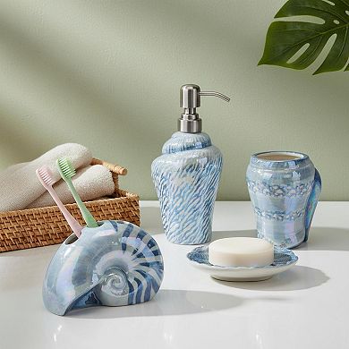 Ceramic Conch Sea Shell 4-Piece Bathroom Set: Toothbrush Holder, Gargle Cup, Soap Dish, Dispenser