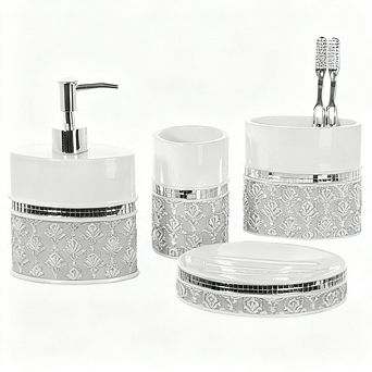 4 pc Resin Bathroom Accessory Set White Gray Soap Dispenser Dish Toothbrush Holder Tumbler