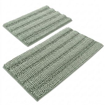 Sage 2 pc Chenille Bath Mat Set Thick Striped Non-Skid Absorbent