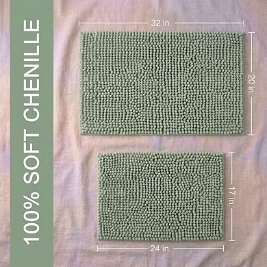Sage 2-Piece Chenille Bath Mat Set Thick Striped Non-Skid Absorbent