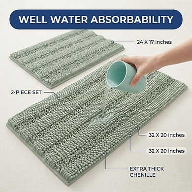 Sage 2-Piece Chenille Bath Mat Set Thick Striped Non-Skid Absorbent