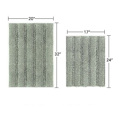 Sage 2-Piece Chenille Bath Mat Set Thick Striped Non-Skid Absorbent