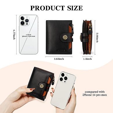RFID Blocking Genuine Leather Womens Bifold Compact Wallet With Removable ID Window