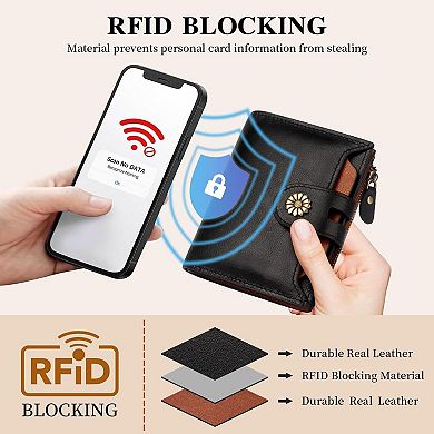 RFID Blocking Genuine Leather Womens Bifold Compact Wallet With Removable ID Window