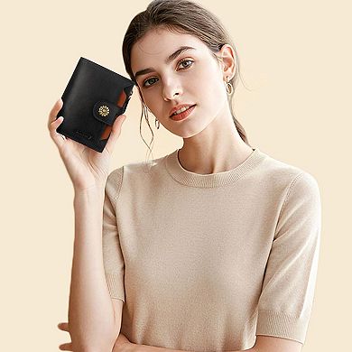 RFID Blocking Genuine Leather Womens Bifold Compact Wallet With Removable ID Window