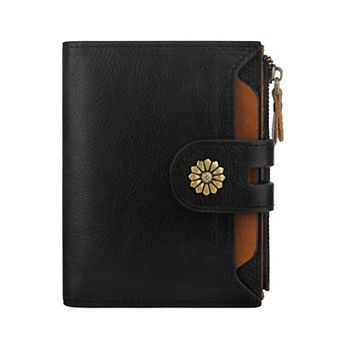 RFID Blocking Genuine Leather Womens Bifold Compact Wallet With Removable ID Window