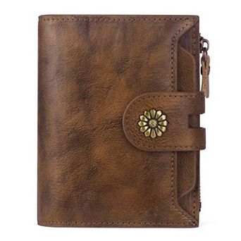 RFID Blocking Genuine Leather Womens Bifold Compact Wallet With Removable ID Window
