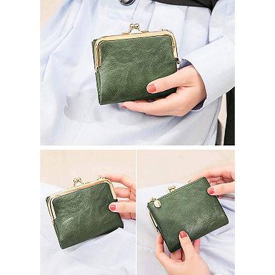 Vintage Leather Bifold Ladies Wallet RFID Protected Compact Zipper Kiss Lock