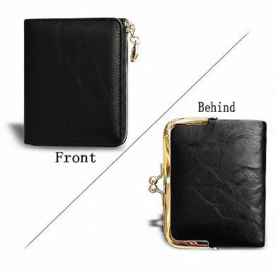 Vintage Leather Bifold Ladies Wallet RFID Protected Compact Zipper Kiss Lock
