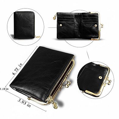 Vintage Leather Bifold Ladies Wallet RFID Protected Compact Zipper Kiss Lock