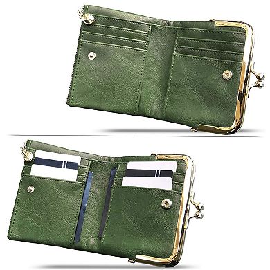 Vintage Leather Bifold Ladies Wallet RFID Protected Compact Zipper Kiss Lock