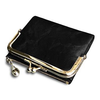 Vintage Leather Bifold Ladies Wallet RFID Protected Compact Zipper Kiss Lock