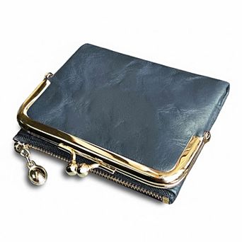 Vintage Leather Bifold Ladies Wallet RFID Protected Compact Zipper Kiss Lock
