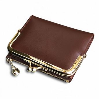Vintage Leather Bifold Ladies Wallet RFID Protected Compact Zipper Kiss Lock