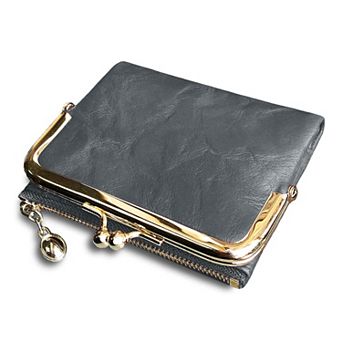Vintage Leather Bifold Ladies Wallet RFID Protected Compact Zipper Kiss Lock