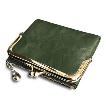Vintage Leather Bifold Ladies Wallet RFID Protected Compact Zipper Kiss Lock