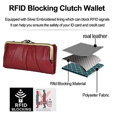 Real Leather RFID Blocking Women's Bifold Wallet Kiss Lock Zipper Purse