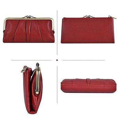 Real Leather RFID Blocking Women's Bifold Wallet Kiss Lock Zipper Purse