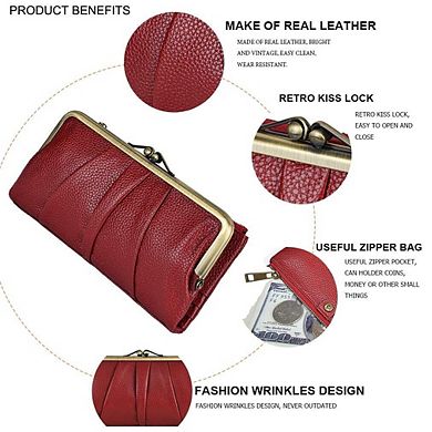 Real Leather RFID Blocking Women's Bifold Wallet Kiss Lock Zipper Purse