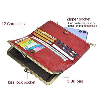 Real Leather RFID Blocking Women's Bifold Wallet Kiss Lock Zipper Purse