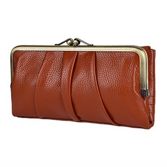 Real Leather RFID Blocking Women's Bifold Wallet Kiss Lock Zipper Purse