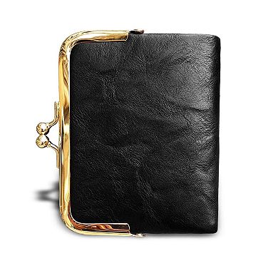 Vintage PU Leather Womens Bifold Wallet RFID Blocking Kiss Lock Compact Purse