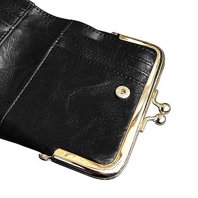 Vintage PU Leather Womens Bifold Wallet RFID Blocking Kiss Lock Compact Purse