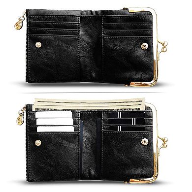 Vintage PU Leather Womens Bifold Wallet RFID Blocking Kiss Lock Compact Purse