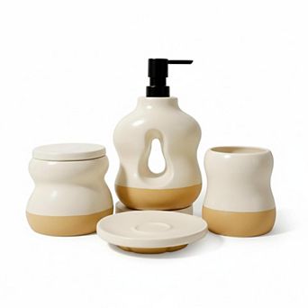 4 pc Ceramic Bathroom Accessory Set Soap Dispenser Toothbrush Holder Apothecary Jar Soap Dish