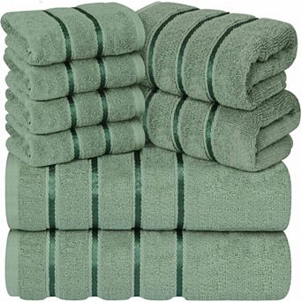 Sage Green Luxury 600 GSM Bathroom Towel Set of 8 with Viscose Border