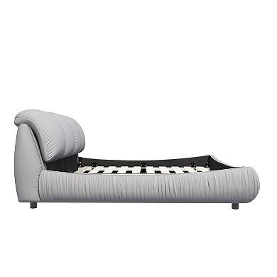 Pnronnc Low-Profile Platform Bed Upholstered Bed Frame with Padded Backrest Wooden Slat support