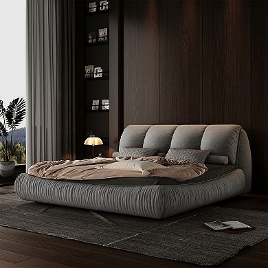 Pnronnc Low-Profile Platform Bed Upholstered Bed Frame with Padded Backrest Wooden Slat support