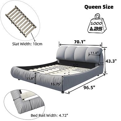 Pnronnc Low-Profile Platform Bed Upholstered Bed Frame with Padded Backrest Wooden Slat support