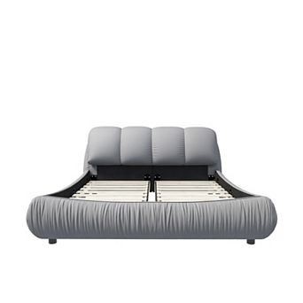 Pnronnc Low-Profile Platform Bed Upholstered Bed Frame with Padded Backrest Wooden Slat support
