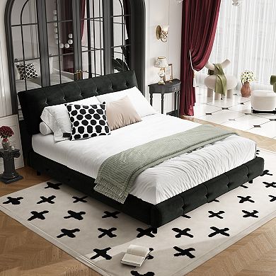 Pnronnc Chenille Platform Bed Frame with Tufted Cloud Pillow Headboard