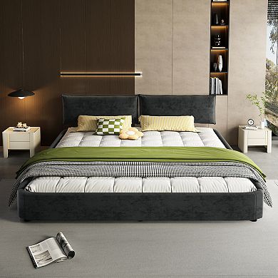 Pnronnc Cloud Chenille Upholstered Bed Frame Low-Profile Platform Bed with Movable Headboard