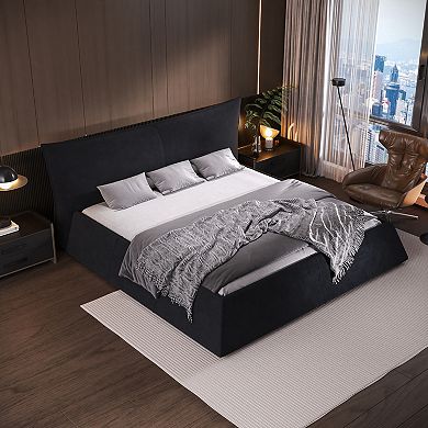 Pnronnc Upholstered Platform Bed Frame Low-Profile Bed with Shaped Velvet Headboard